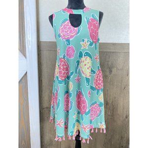 Simply Southern Pink Sleeveless Keyhole Neck Bright Turtle Dress Small